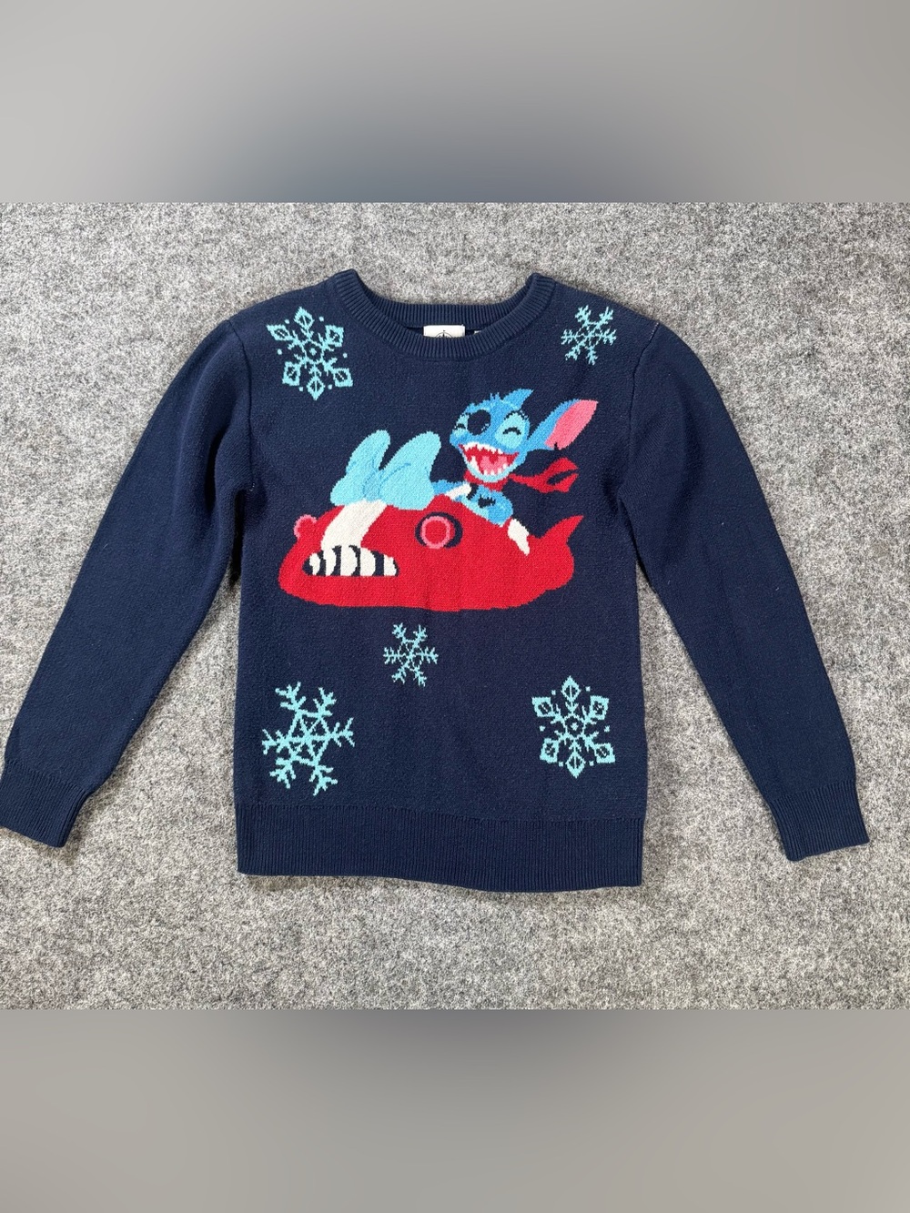 Disney Stitch Christmas Sweater Kids Size 5/6 Blue Holiday Knit Pullover Lilo